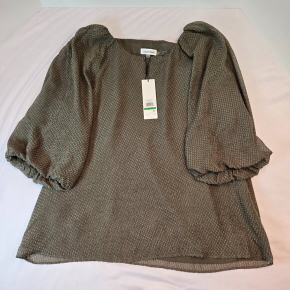CALVIN KLEIN Women's Lantern Sleeve Clip Chiffon Blouse Sz: L   Green - Picture 5 of 13